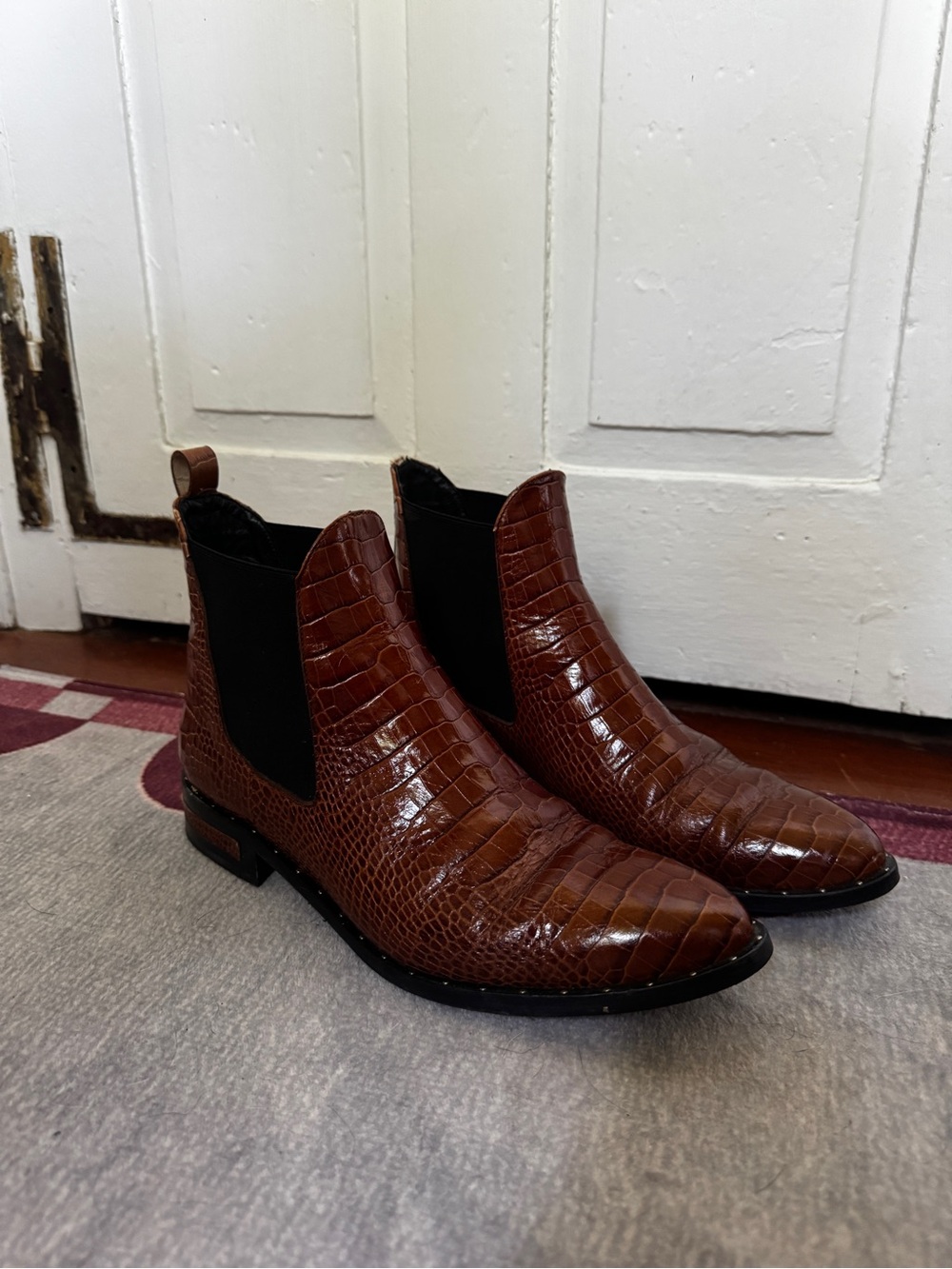 Freda Salvador Brown Croc Embossed Leather Chelsea Boots Pointed Toe 9 - Picture 2 of 10